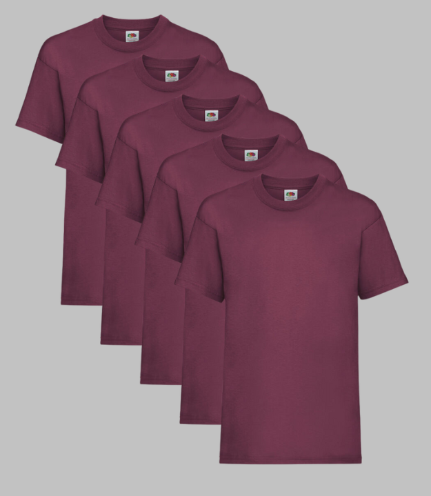 Fruit of the Loom Kid's T-Shirt, Burgundy, 3-4 to 14-15 Years, (Pack of 5) Fruit of the Loom